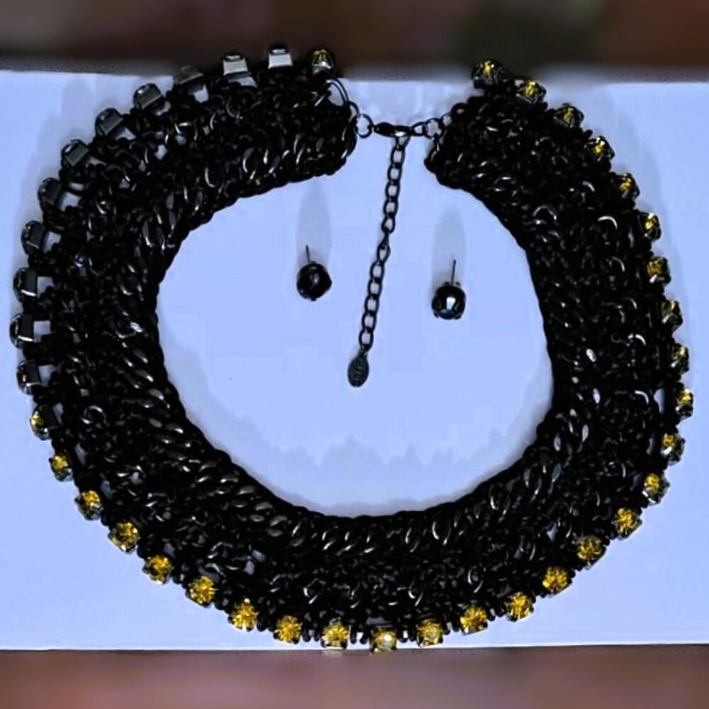 Vintage Aldo Black Chain Statement Necklace w/ Matching Stud Earrings